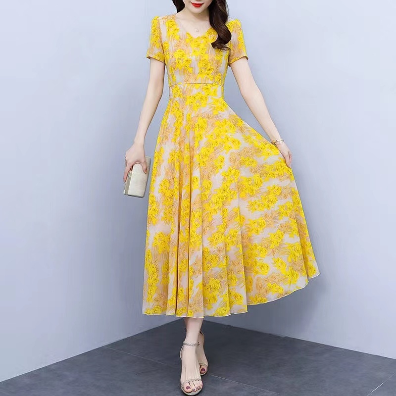 NANA Floral dress gold kuning sifon bunga wanita elegan