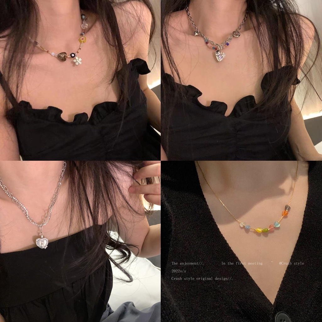 Kalung Cinta Zirkon Geometris Sederhana Yang Manis Keren ins Desain Niche Rantai Klavikula Tumpuk Unisex