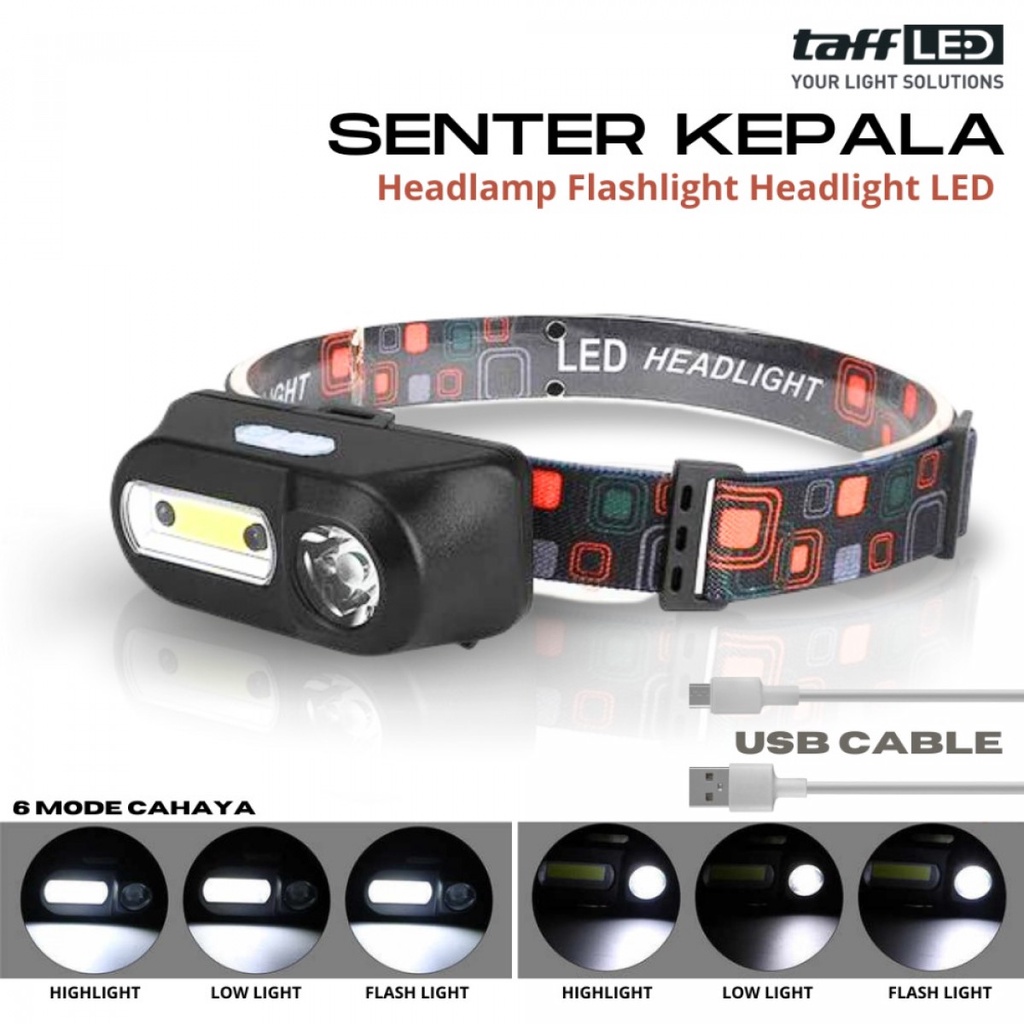 TaffLED Senter kepala Headlamp Flashlight Headlight LED 3 Modes COB