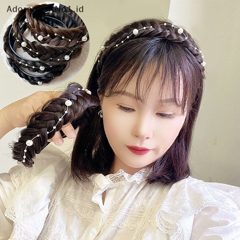 [AdornmentNo1] Bando kepang tulang ikan mutiara Twist Braid Wig Non-Slip aksesoris rambut