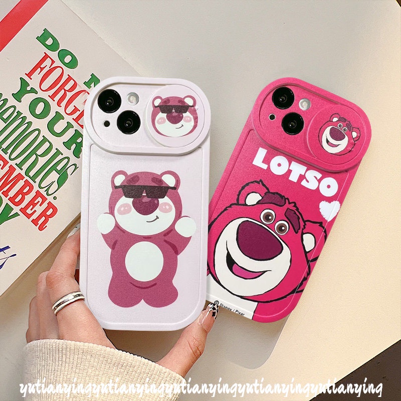 Cute Cartoon Strawberry Bear Lotso Push Pull Window Camera Lens Protector Case Compatible For iPhone 7Plus XR X XS Max 11 13 12 Pro Max 8Plus Funny Doraemon Cover