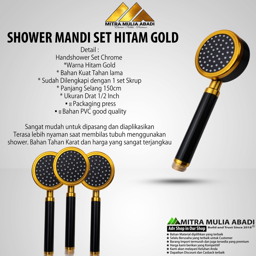 Hand Shower Mandi / Shower Mandi Set Hitam Gold / Kepala Hand Shower PVC Tebal