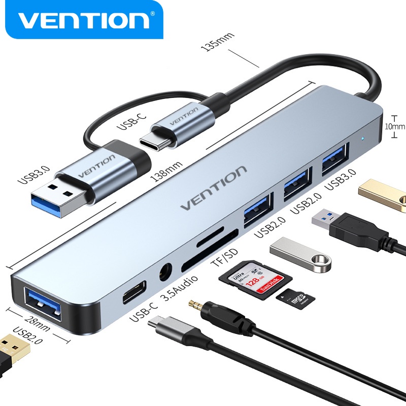 VENTION Hisyaention ̽ ̽ ̽ub 8 ̽n 1 ̽ype ̽ o ̽ 2.0 ̽ 3.0 3.5mm ̽udio ̽ack with ̽/ ̽ard ̽eader ̽ulti ̽plitter ̽dapter untuk ̽aptop ̽