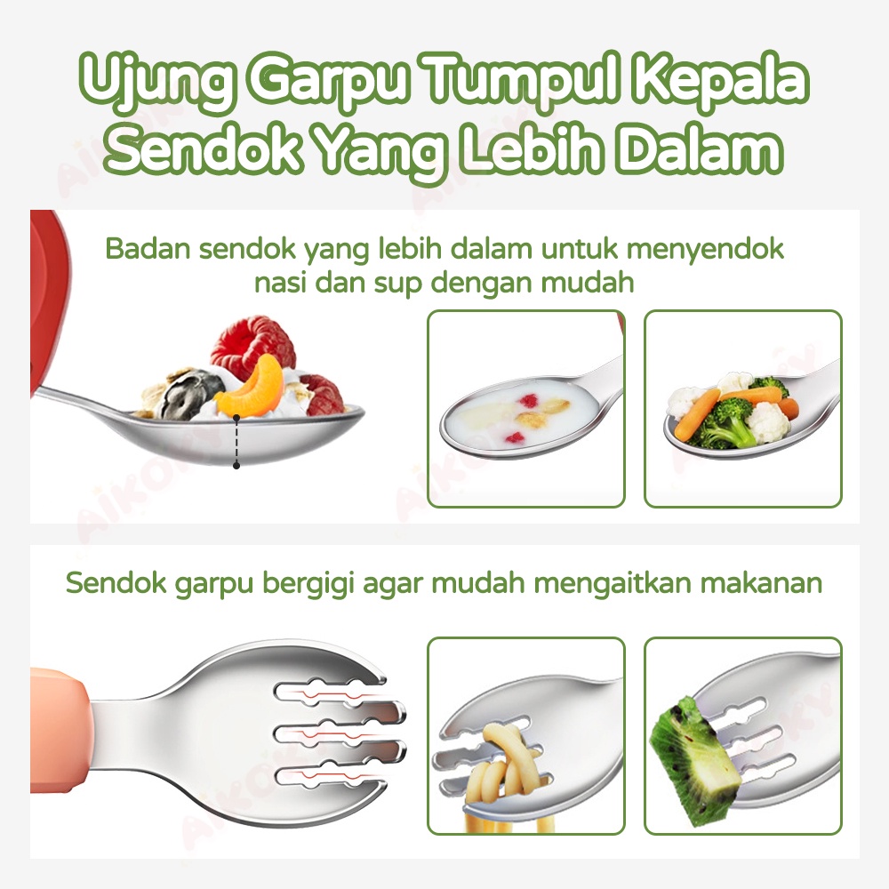 Aikoky Sendok Garpu Anak Training Stainless / Sendok Anak Belajar Makan / Sendok Makan Bayi Melengkung