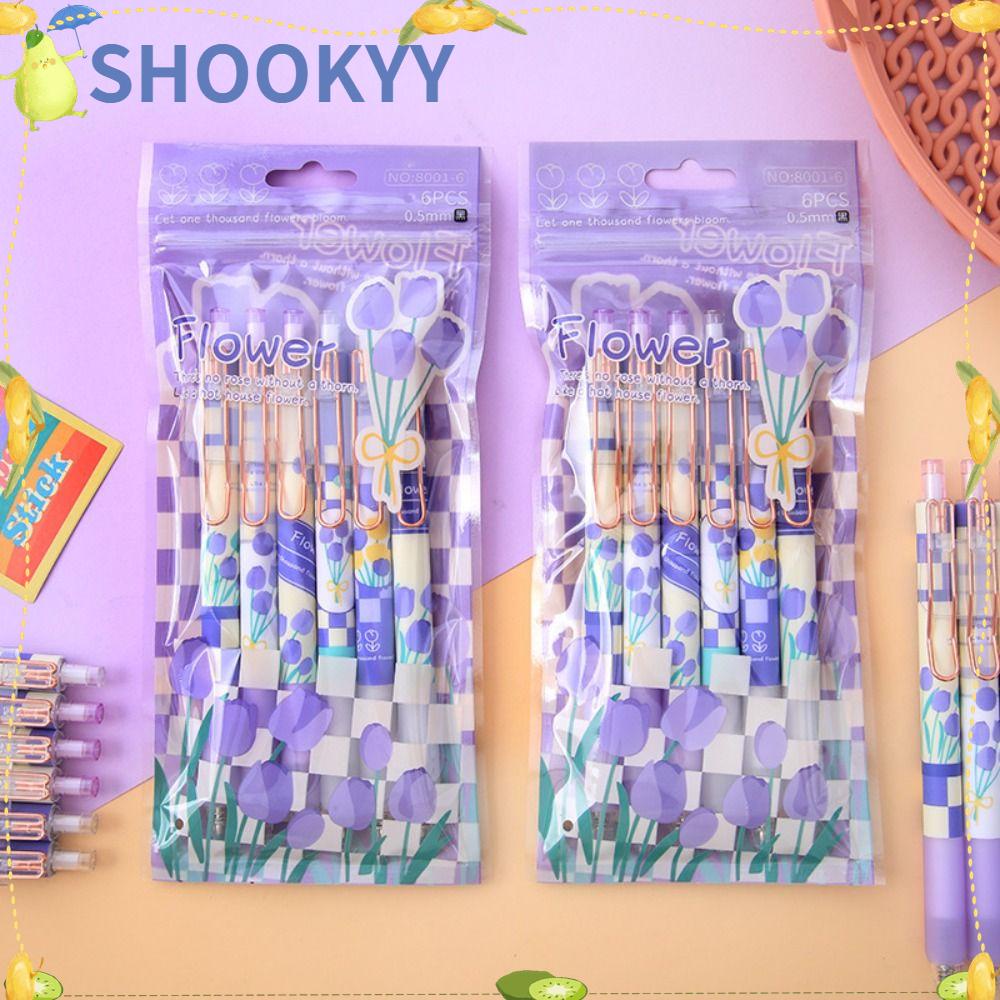 CHOOKYY 6pcs /Set Gel Pulpen Kreatif Alat Tulis Mutil-styles Alat Tulis Tinta Hitam Tulip Tekan Tipe Signature Pen