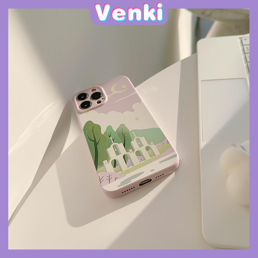 VENKI - Untuk iPhone 11 Case Film TPU Case Cream Glossy Perlindungan Kamera Minimalis Minyak Lukisan Gereja Kompatibel dengan iPhone 14 13 Pro Max iPhone 12 Pro Max XR XS 7Plus 8Plus