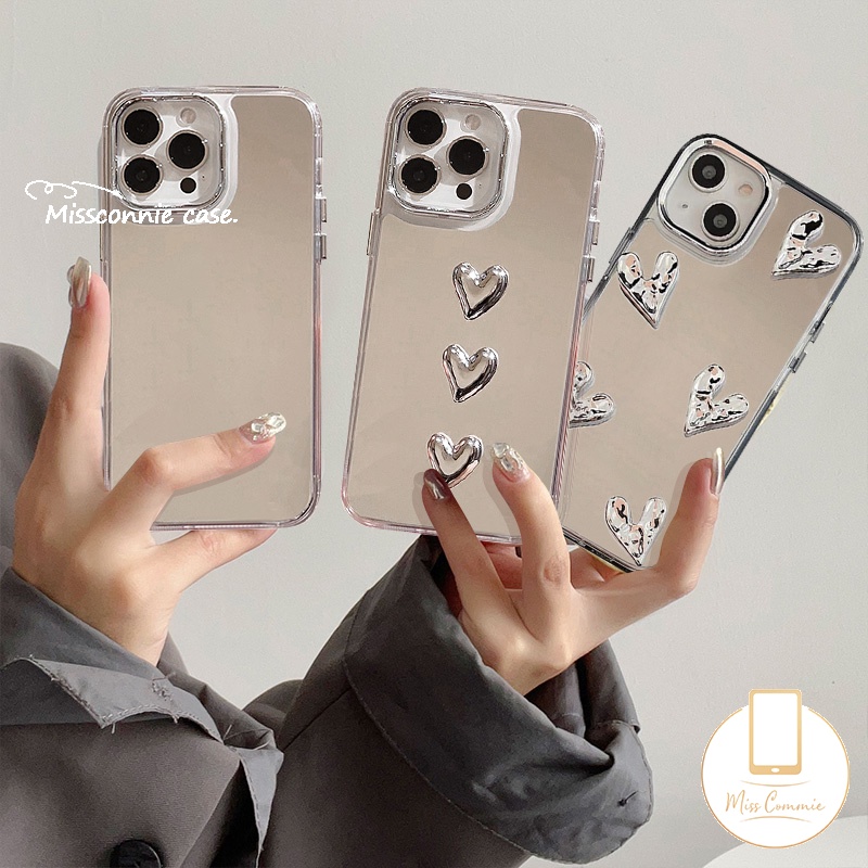 IPHONE Casing 3D Stereo Silver Love Heart Make Up Mirror Metal Akrilik Kompatibel Untuk Iphone11 14 Pro Max 13 14 12 Pro Max 14 Pro 12pro 13 Pro 14 11 12 13 Plating Mewah Shockproof Cover