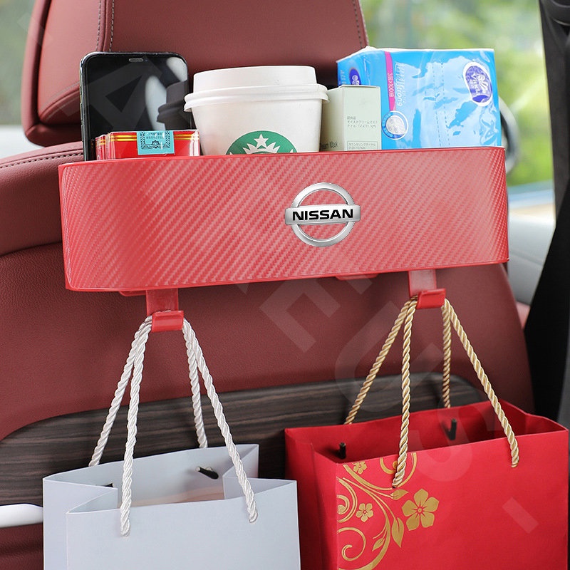 Nissan Car Back Seat Organizer Car Seat Back Hook Kotak Penyimpanan Cup Holder Tekstur Serat Karbon Untuk Maret Juke Skyline Terra Livina Note Xtrail Magnite Kicks Navara Serena Leaf