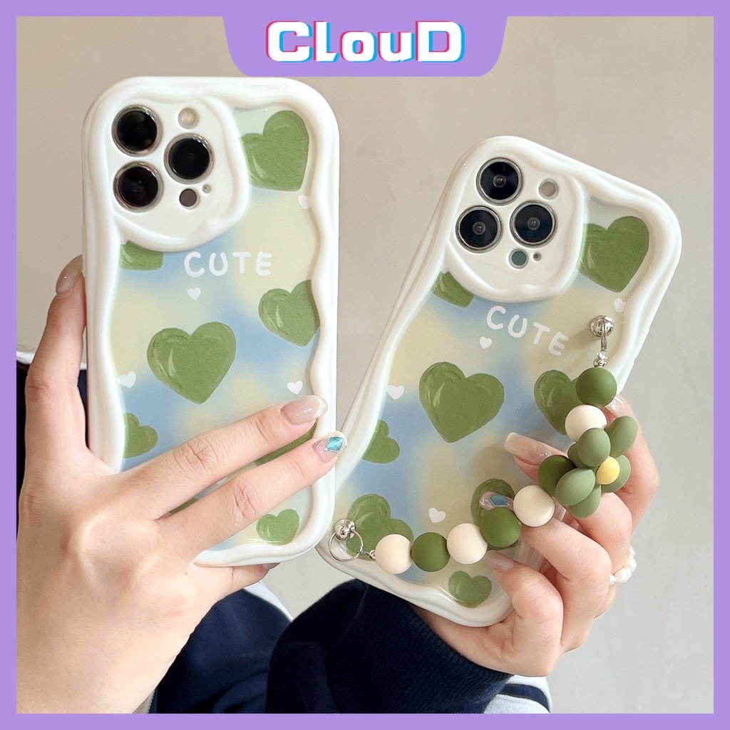 Casing Tepi Melengkung Bergelombang 3D Untuk Redmi 9T 9A A2 9C NFC 10C 10A A1 9 10 POCO M3 Redmi Note12 11 8 11s 10s 9 10 Pro Max Art Cat Minyak Green Love Heart Case Dengan Tangan Bunga Gelang Tangan