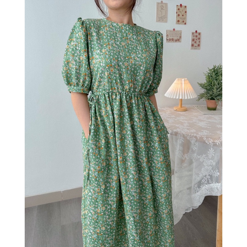 KANON - Shiro Crinkle Floral Dress - Dress midi musim panas / pantai model vintage simpel motif bunga