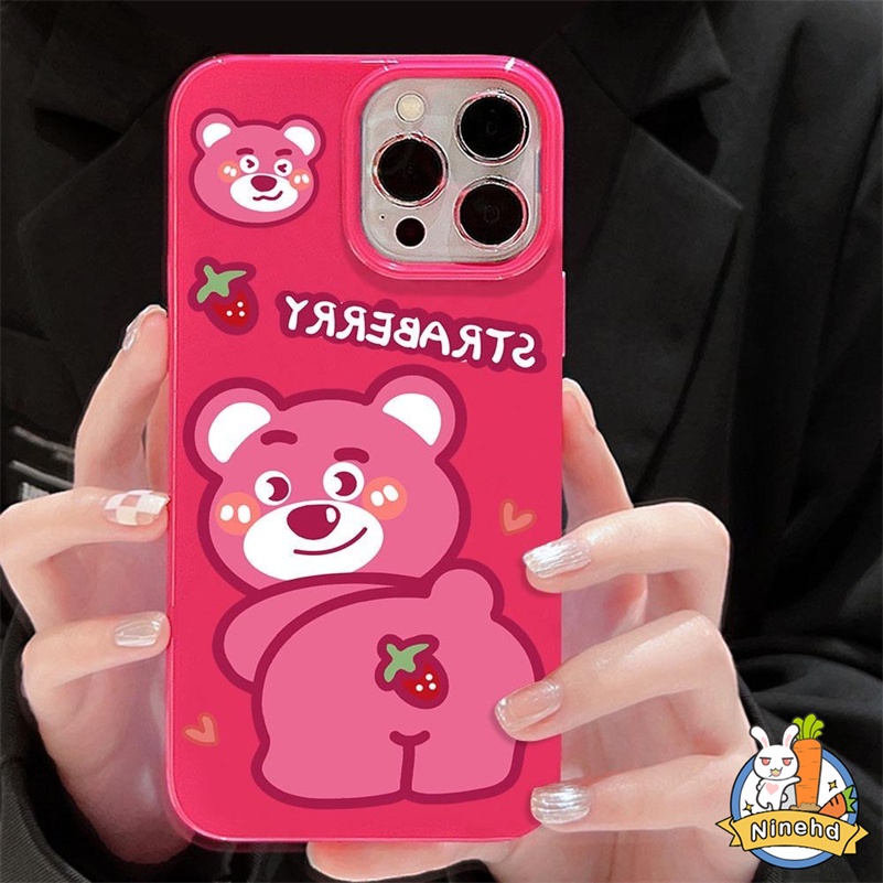 IPHONE Casing Ponsel Beruang Strawberry Mawar Merah Kartun Lucu Kompatibel Untuk Iphone14 13 12 11 Pro Max X Xr Xs Max8 7 6 6s Plus SE 2020 Perlindungan Lensa Shockproof Silikon Lembut Tpu Penutup Belakang