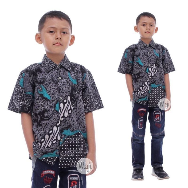 Kemeja Batik Anak Laki-Laki Lengan Panjang Couple Batik Ayah dan Anak Cowok warna Abu Abu bn