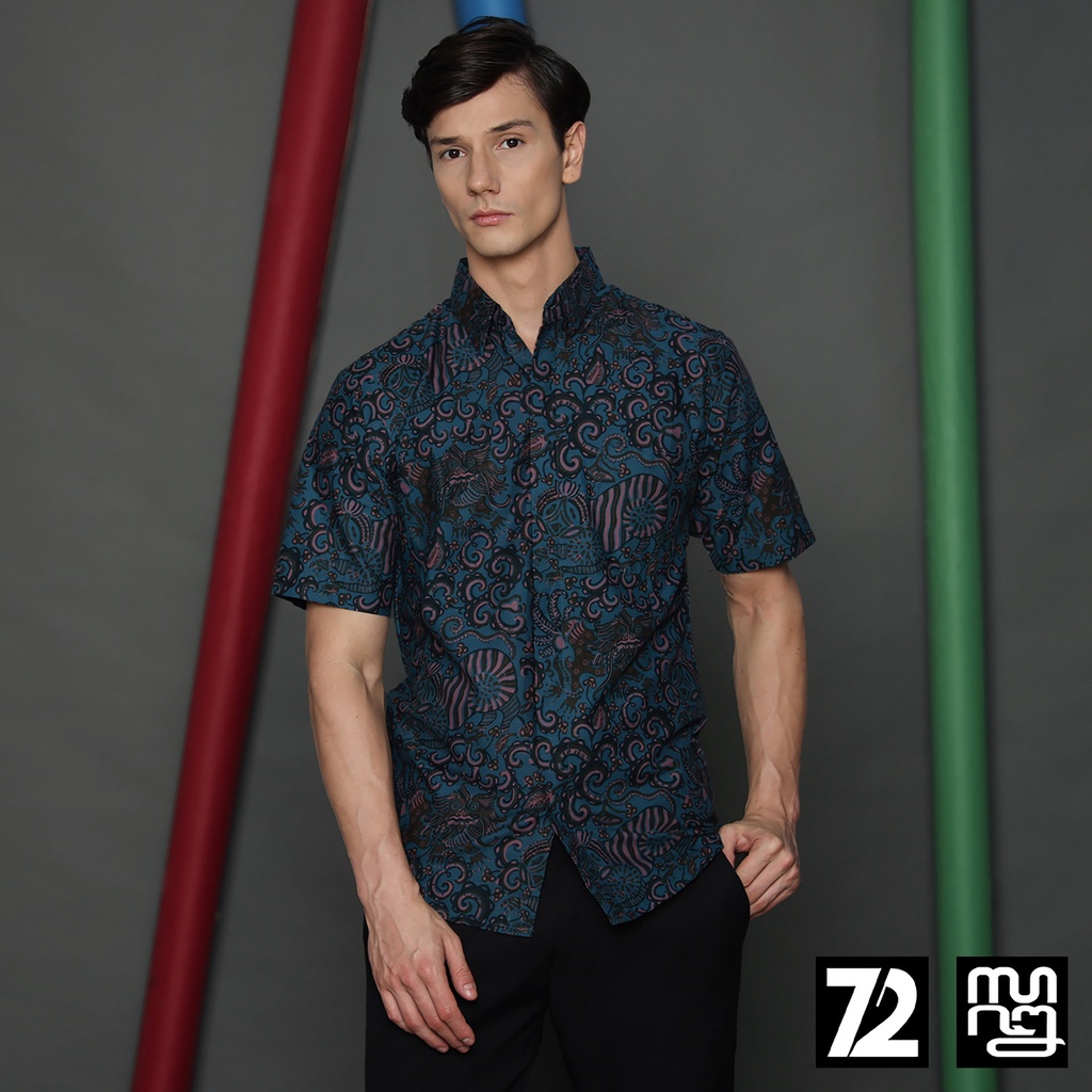 BAJU BATIK PRIA Kemeja Lengan Pendek Slimfit Premium Balian Biru Aqua Tosca Toska 724000 Cap 72 - Ba