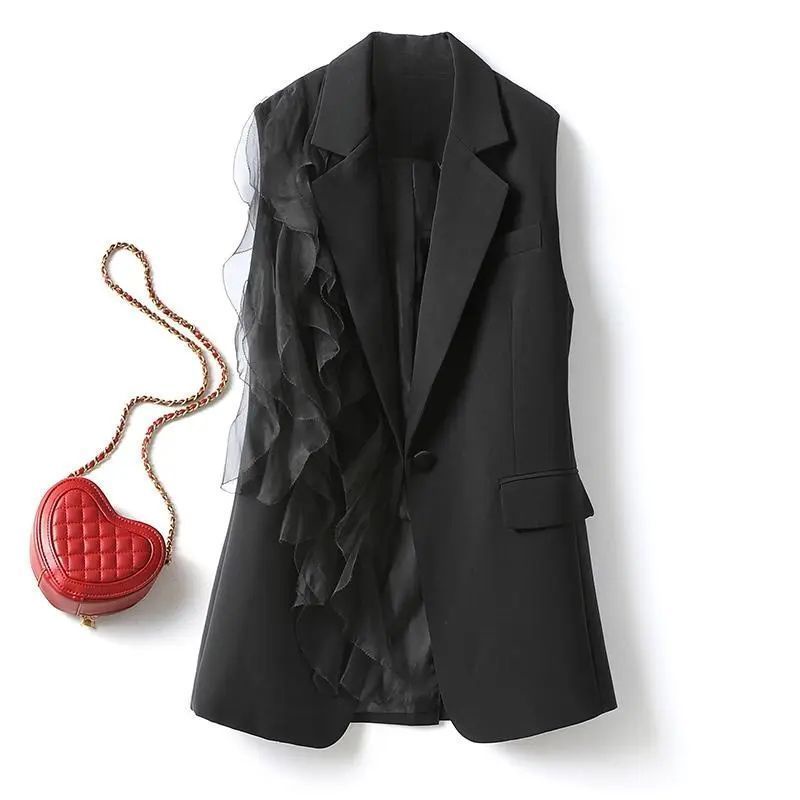 Women's Black Suit Vest Women's  New Korean Style Splice Chiffon Wood Mid length Vest