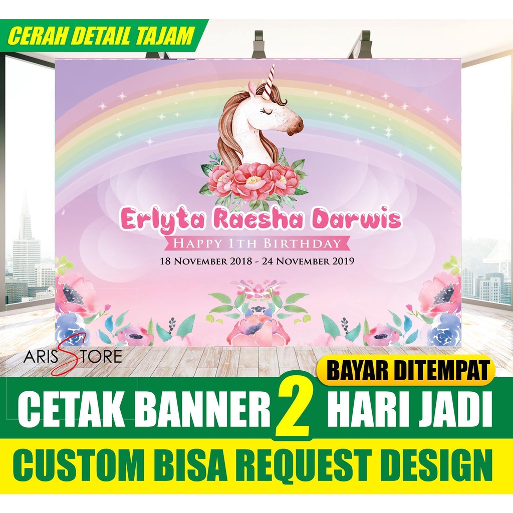 Banner Ulang Tahun Anak cewek unicorn custom | Spanduk Ultah anak perempuan karakter Kuda Poni - Bis