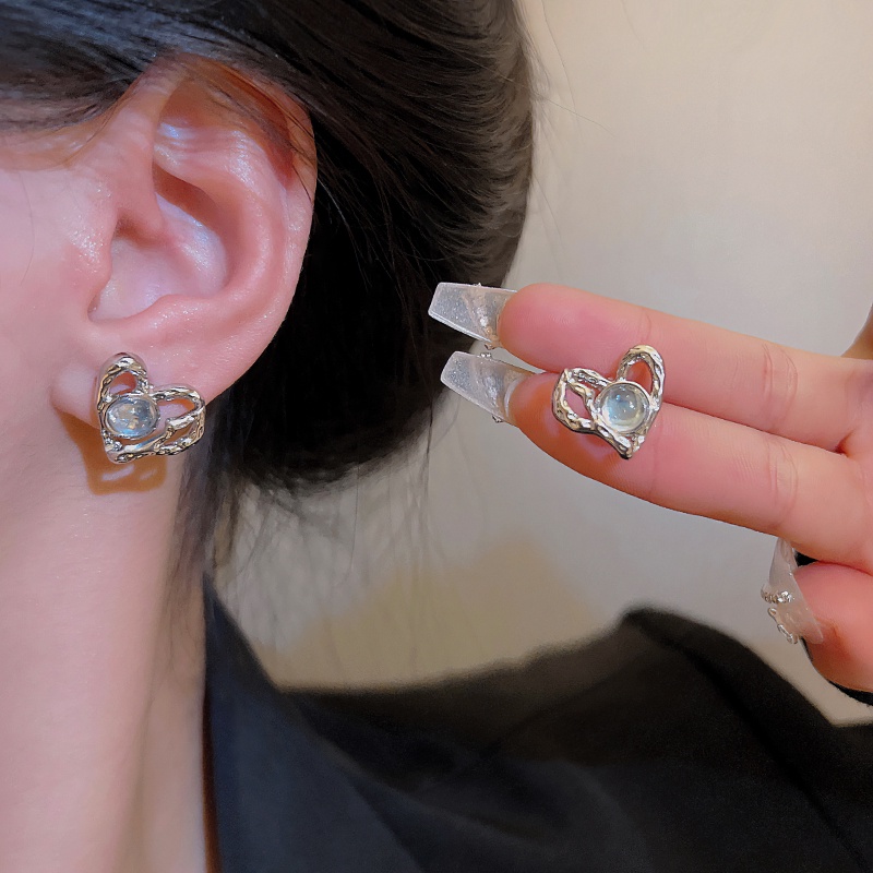 Roselife Keren Manis Perak Moonstone Heart Stud Earrings Untuk Wanita Perempuan Elegan Opal Heart Y2K Earring Jewelry 1pasang