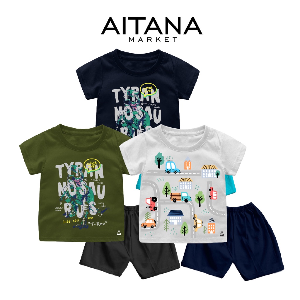 Setelan Bayi &amp; Anak Dino dan Vehicle Special TheCity Usia 6 Bulan-8 Tahun Bahan Katun Combed 30s