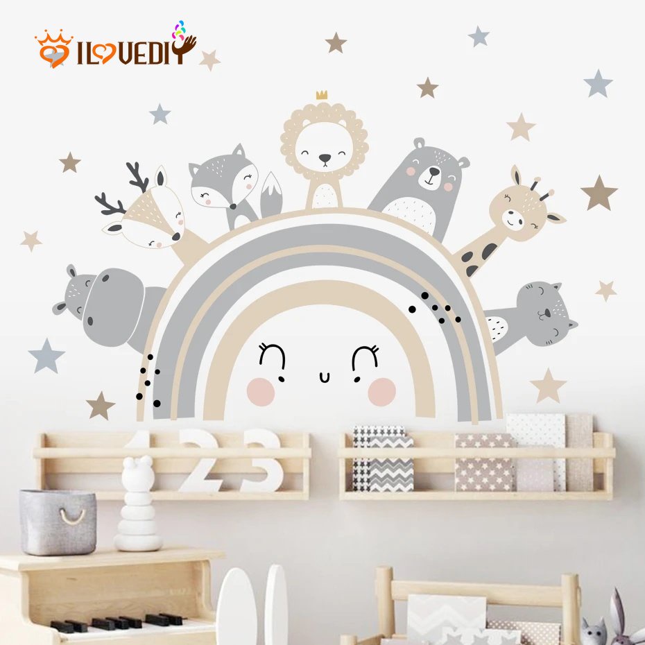 Hot Sale/[Unggulan] 1set Boho Warna Kartun Hewan Stiker Dinding Pelangi Bintang Wall Decals Removable Vinyl Switch Stiker Untuk Kamar Anak Bayi Nursery