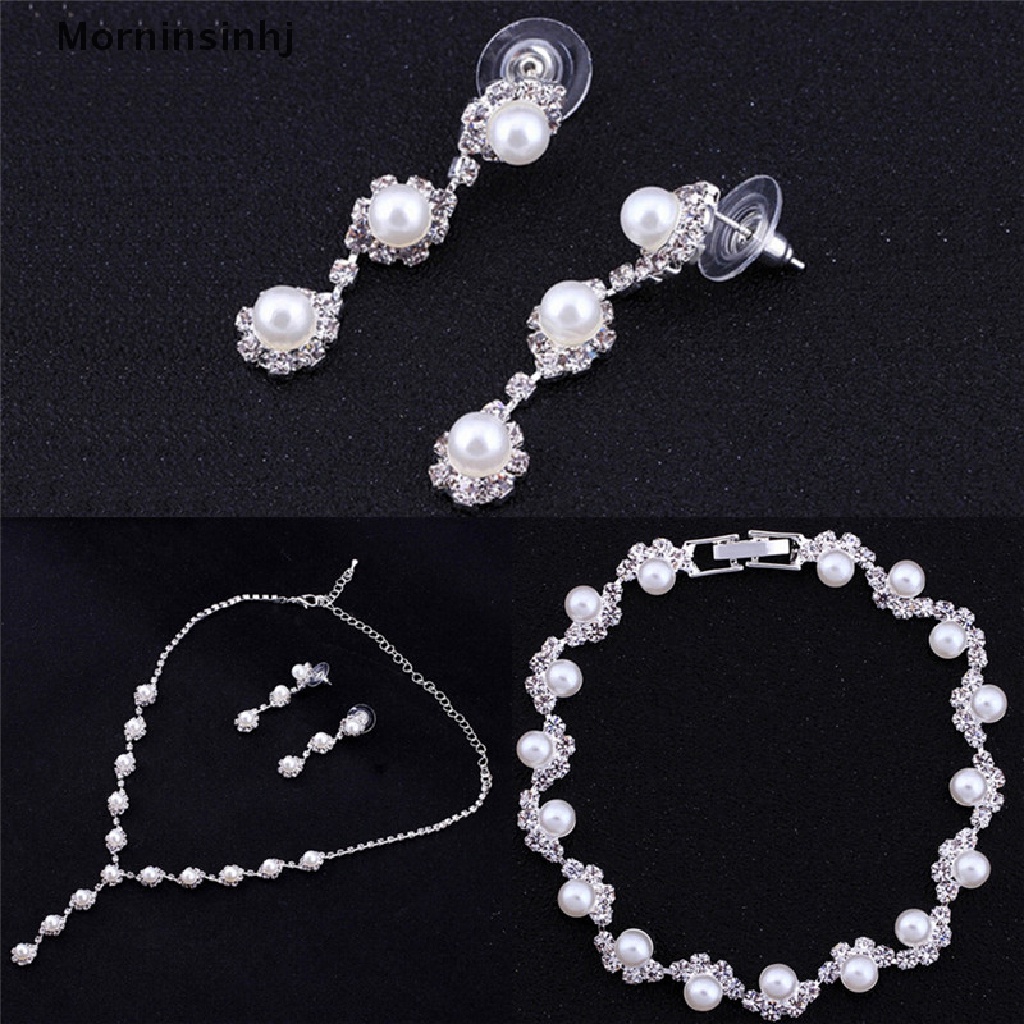 Mornin Set Perhiasan Pernikahan Pengantin Wanita Sederhana Kristal Kalung Anting Gelang Set id