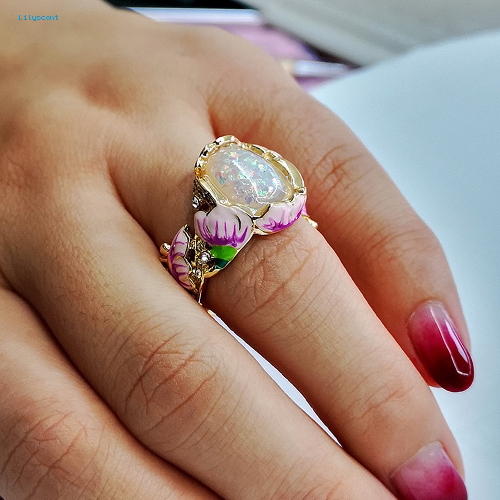 Lilyscent Elegan Wanita Berlian Imitasi Imitasi Opal Hias Lotus Floral Cincin Pesta Perhiasan Hadiah