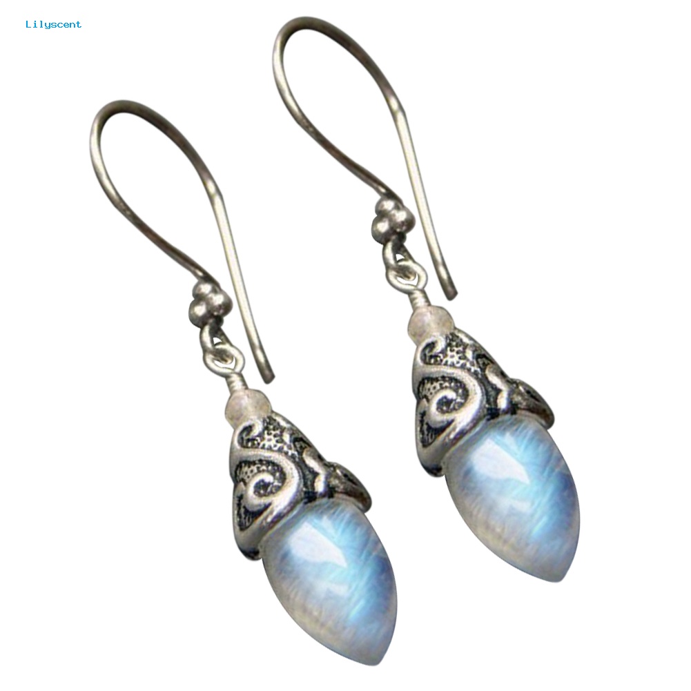 Lilyscent Cone Shape Artificial Moonstone Pendant Hook Earrings Retro Wanita Perhiasan Pesta