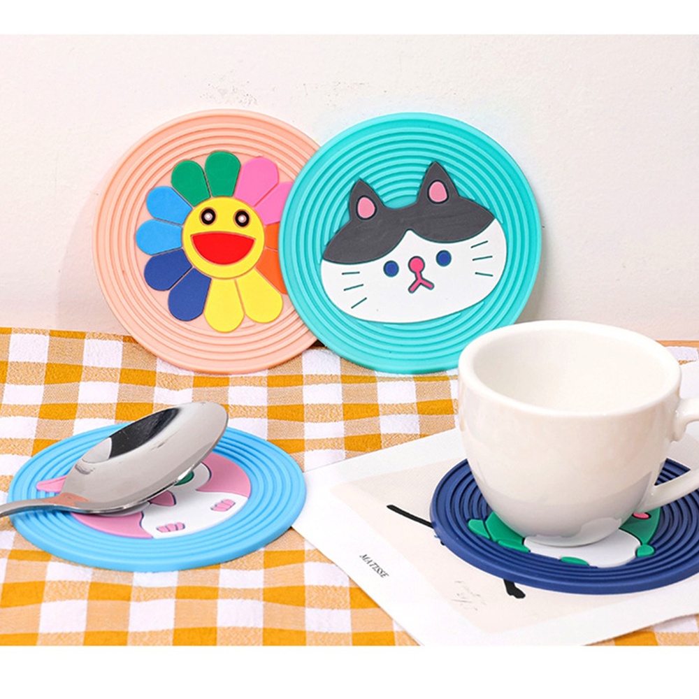 Catering Kartun Silikon Anti-selip Tikar Isolasi Termal Coaster Menebal Anti-melepuh Cangkir Teh Tikar Tahan Suhu Alas Mangkuk Aksesoris Katering