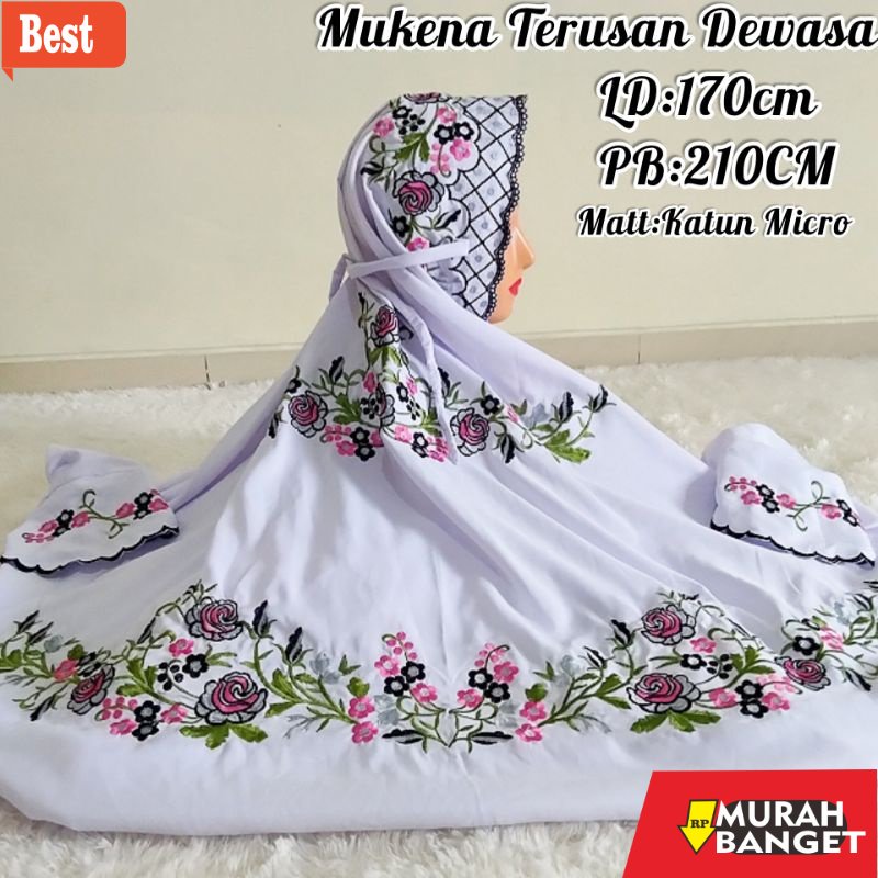 Peralatan ibadah di bulan ramadhan- Mukena Terusan Dewasa Putih Mukenah Lajuran Lajur Bordir Mukena 