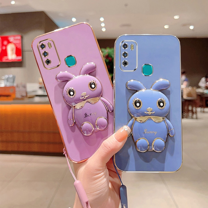 Andyh Case Ponsel Untuk Infinix Hot 9play X680 X680B X680C Kartun Lucu Kelinci Kecil Tepi Lurus Shell Lembut Mengirim lanyard Silikon