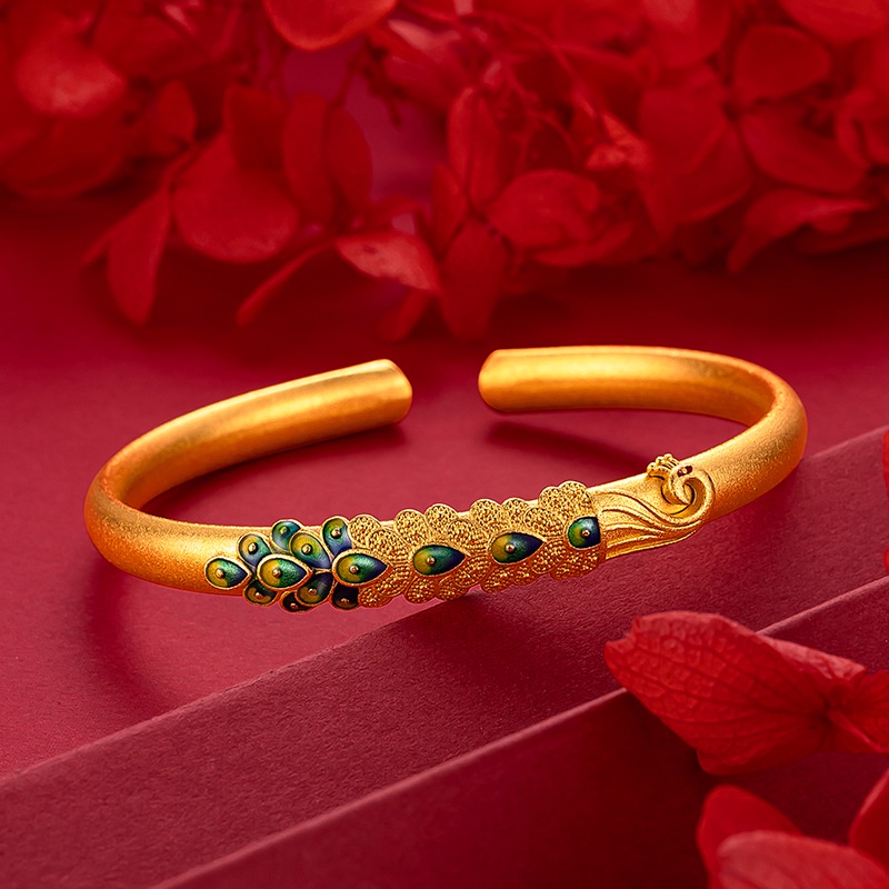 Goldkingdom Perhiasan Fashion 24K Bangkok Aksesoris Ready Stock Wanita Lapis Emas Gelang Merak Perancis Kuno Membakar Enamel Biru Gaya Etnik Vintage Gelang