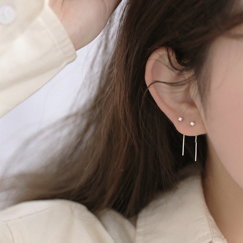 Magic789 Korea Kecil Perak Persegi Rumbai Rantai Menjuntai Anting Untuk Wanita Gadis Temperamen Geometris Drop Earrings Perhiasan Telinga Sederhana