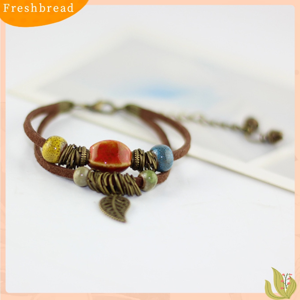 &lt; Freshbread &gt; Bohemian Wanita Double Layer Leaf Charm Ceramics Beads Gelang Tali Kulit Imitasi