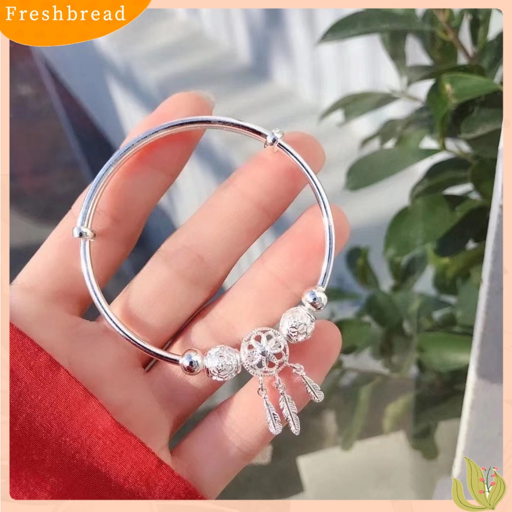 &lt; Freshbread &gt; Wanita Gelang Bentuk Lingkaran Manik Bulat Elegan Dipoles Mudah Cocok Dengan Warna Silver Keadaan Yang Dapat Disesuaikan Keadaan Yang Dapat Disesuaikan Bulu Rumbai Lady Bangle Hadiah