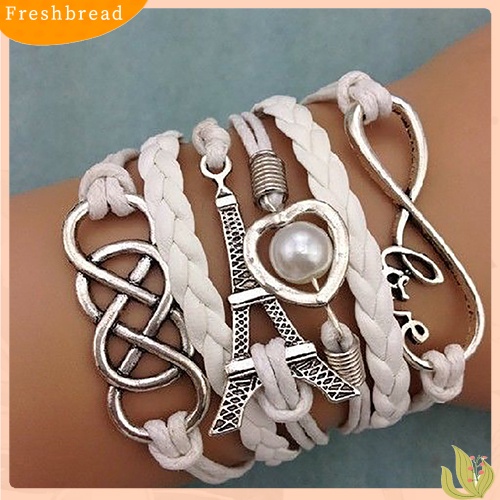 &lt; Freshbread &gt; Wanita Chic Dikepang Multilayer Cinta Hati Menara Eiffel Gelang Kulit Imitasi