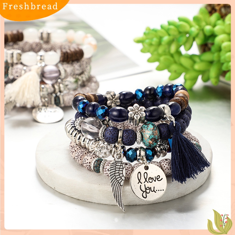 &lt; Freshbread &gt; 4Pcs/Set Gaya Bohemian Huruf Jumbai Bunga Manik-Manik Liontin Wanita Perhiasan