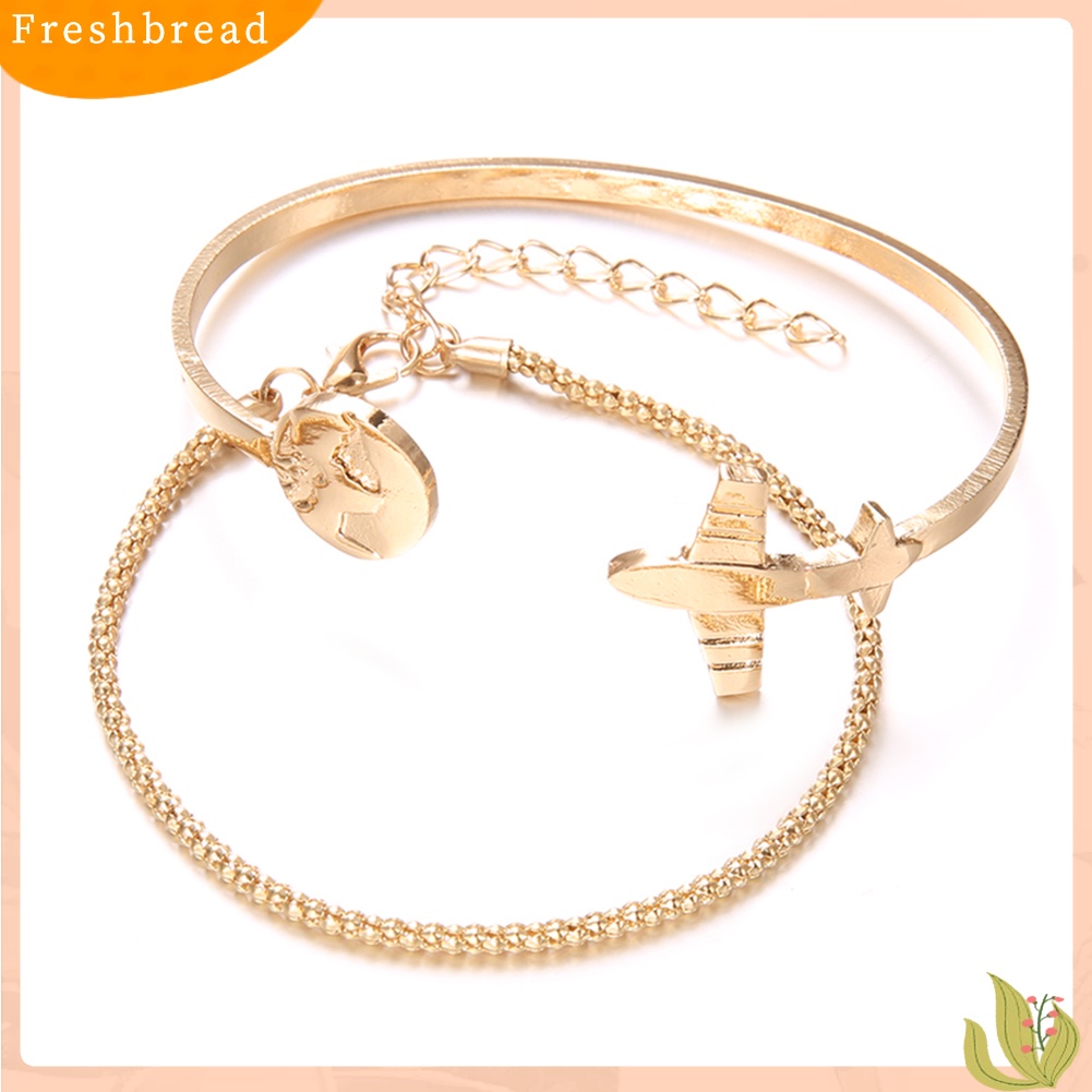 &lt; Freshbread &gt; 2Pcs/Set Wanita Map Plane Open Bangle Gelang Rantai Pergelangan Tangan Hias Perhiasan