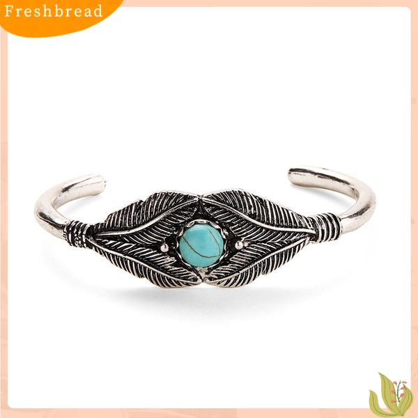 &lt; Freshbread &gt; Retro Wanita Manik Daun Bulu Alloy Ujung Terbuka Manset Bangle Boho Perhiasan Etnik