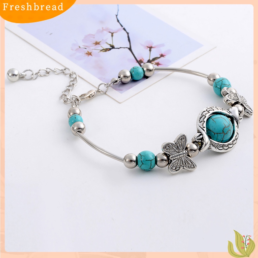 &lt; Freshbread &gt; Kupu-Kupu Dekorasi Adjustable Unisex Gelang Alloy Handmade Turquoises Beads Retro Gelang Perhiasan Aksesoris