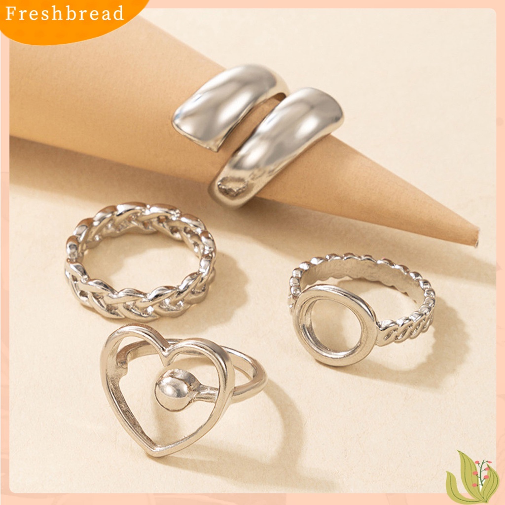 &lt; Freshbread &gt; 4Pcs/Set Hati Bentuk Geometris Bahan Alloy Rantai Hollow Bukaan Jari Cincin Cincin Sendi Untuk Pesta