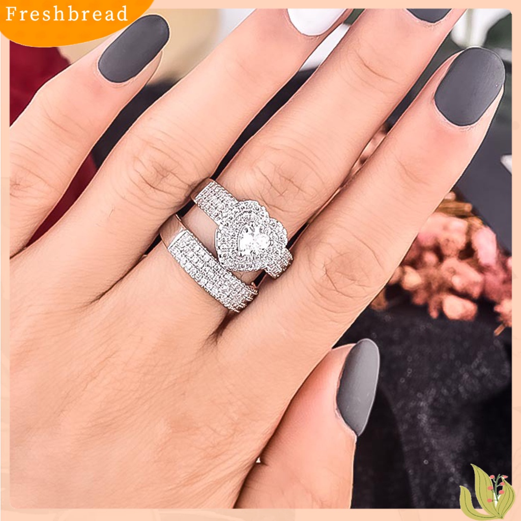 &lt; Freshbread &gt; 2Pcs/Set Cincin Pengantin Berlian Imitasi Mengkilap Mewah Geometris Indah Perhiasan Hadiah Menawan Kekasih Bentuk Hati Janji Cincin Perhiasan Aksesori