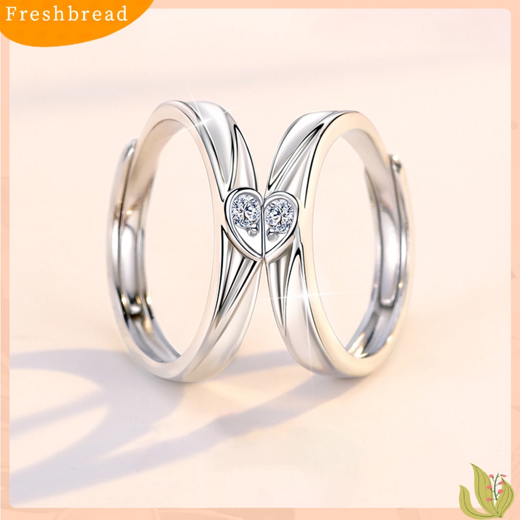 < Freshbread > Pasangan Cincin Pembukaan Elegan Dapat Disesuaikan Warna Perak Berlian Imitasi Tertanam Cinta Hati Jari Cincin Perhiasan Fashion