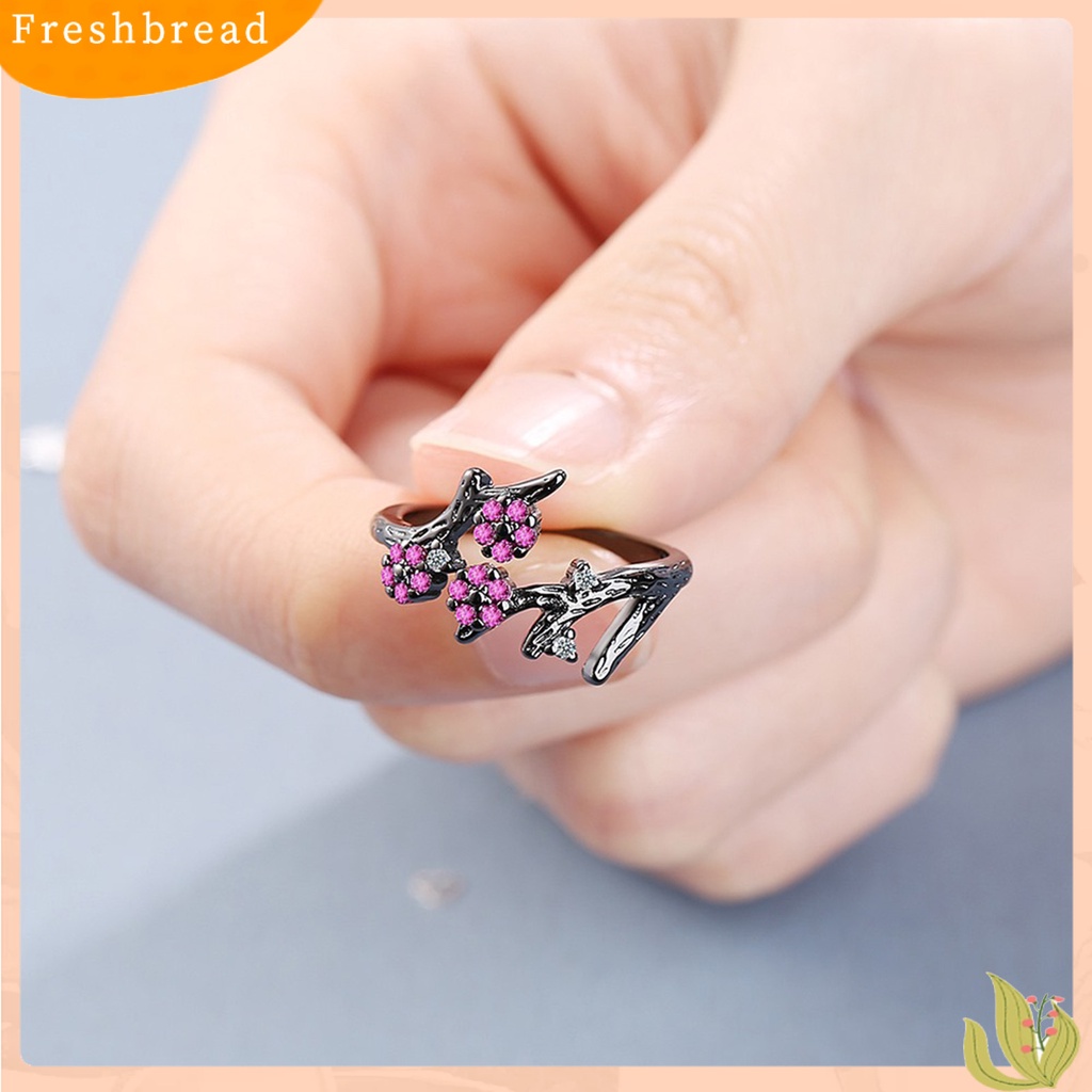 &lt; Freshbread &gt; Cincin Adjustable Open End Copper Blooming Plum Flower Rhinestone Ring Untuk Pakaian Sehari-Hari