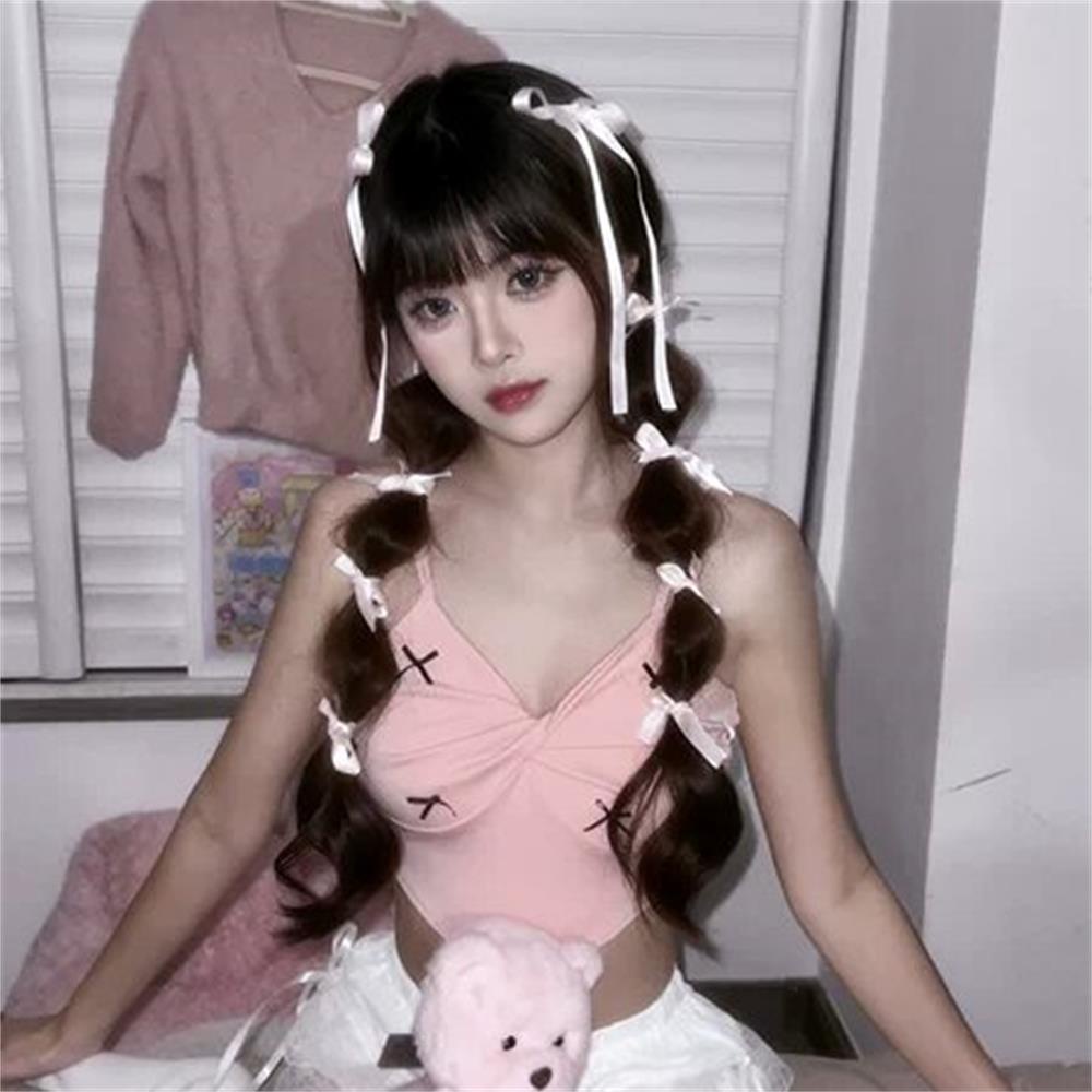 1 Pc Natural Bow Ribbon Wig Kepang Wanita Gadis Gelembung Ponytail Rambut Imitasi Wig Aksesoris