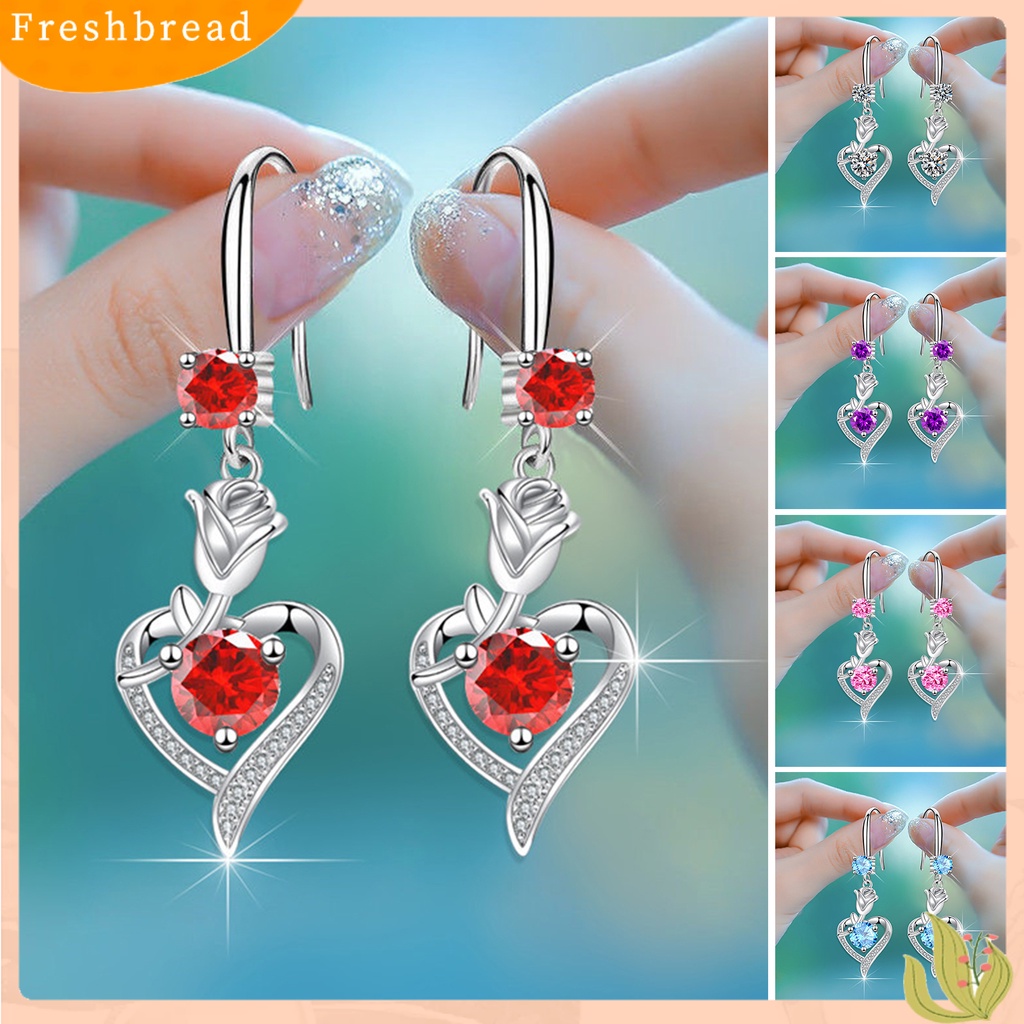 &lt; Freshbread &gt; 1pasang Anting Hoop Bersinar Cubic Zirconia Geometris High-end Liontin Berdandan Hypoallergenic Bunga Mawar Hati Menjuntai Anting Perhiasan Fashion