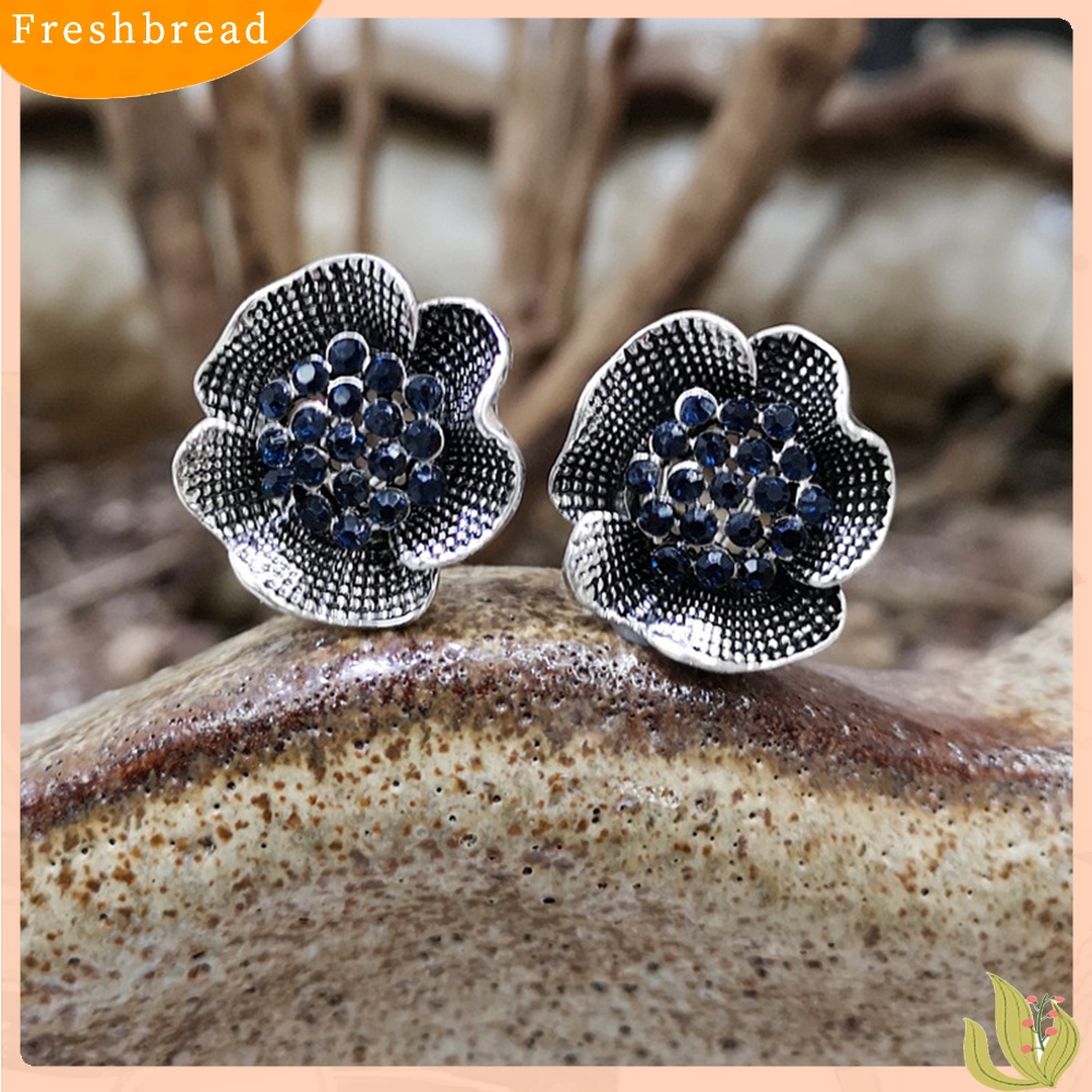 &lt; Freshbread &gt; Vintage Wanita Berlian Imitasi Hias Bunga Mawar Bentuk Stud Earrings Perhiasan Hadiah