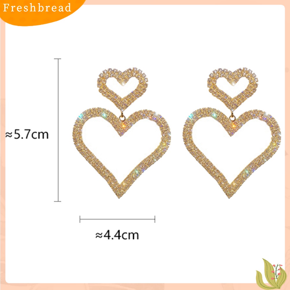 < Freshbread > Mewah Penuh Berlian Imitasi Berongga Ganda Cinta Hati Wanita Stud Earrings Perhiasan Hadiah