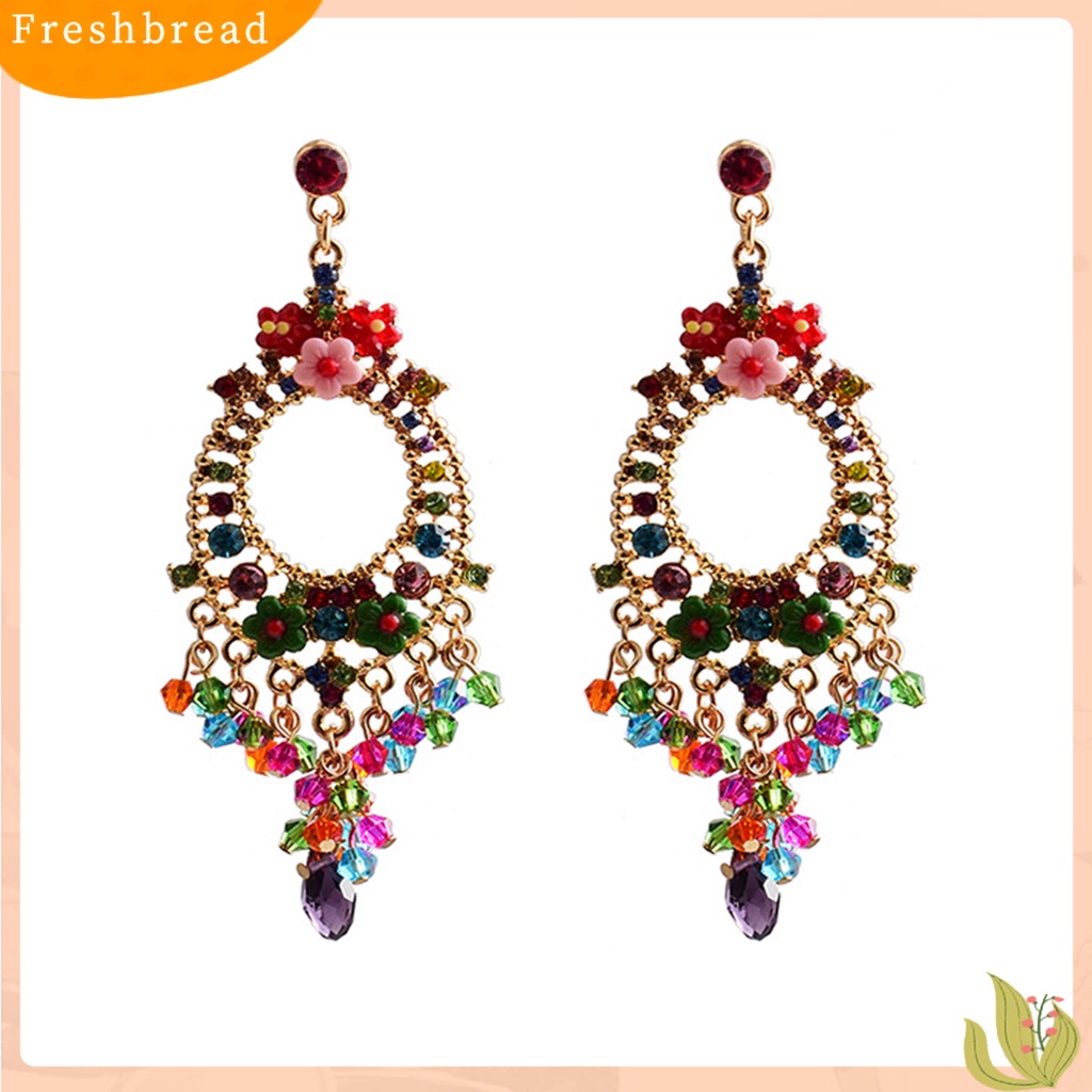 &lt; Freshbread &gt; 1pasang Anting Menjuntai Cantik Rumbai Manik Bunga Bohemian Warna-Warni Berlian Imitasi Drop Earrings Untuk Pacaran