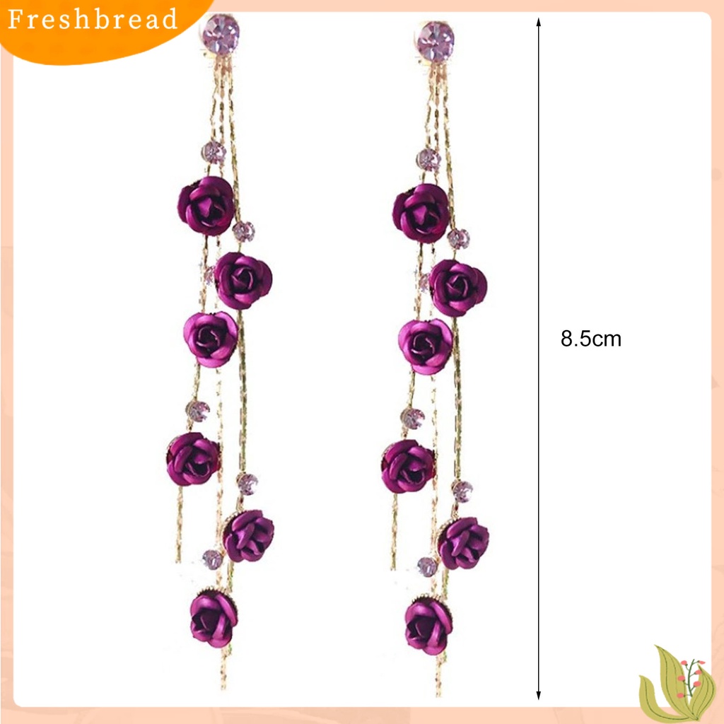 &lt; Freshbread &gt; 1pasang Berlian Imitasi Mengkilap Elegan Wanita Anting Bunga Mawar Panjang Rumbai Drop Earrings Perhiasan Pesta