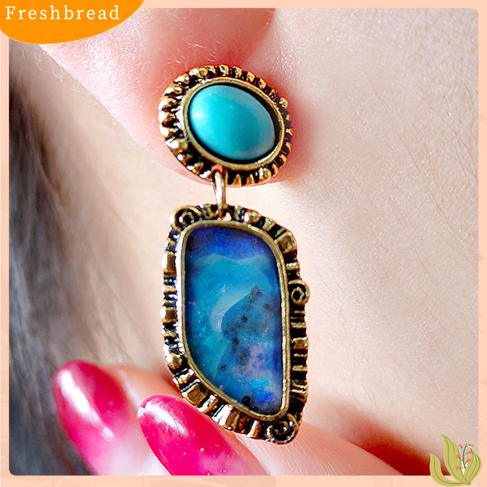 &lt; Freshbread &gt; Vintage Wanita Faux Turquoise Hias Geometris Menjuntai Telinga Stud Anting Perhiasan