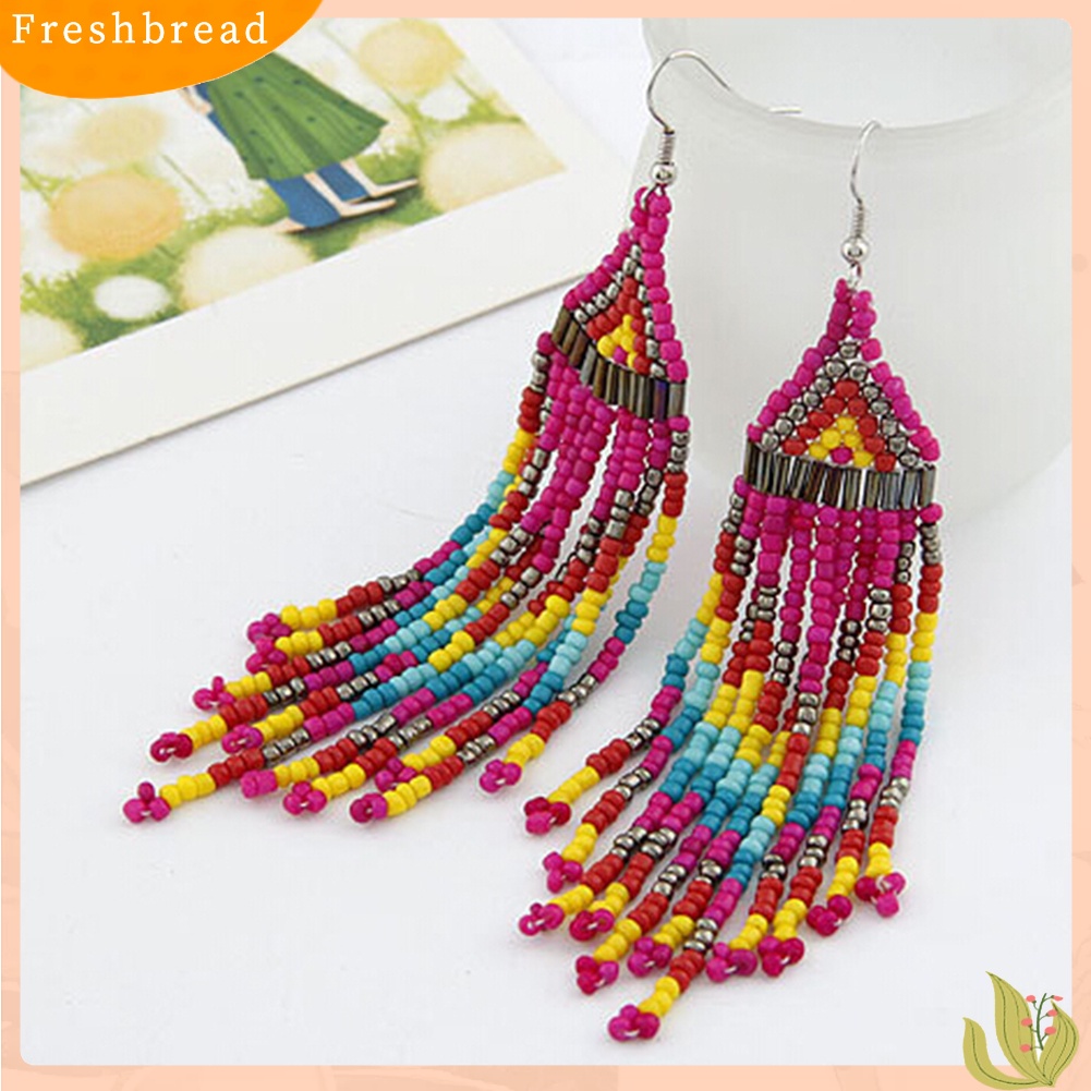 &lt; Freshbread &gt; Wanita Bohemian Panjang Manik-Manik Rumbai Drop Menjuntai Kait Anting Pesta Perhiasan Hadiah