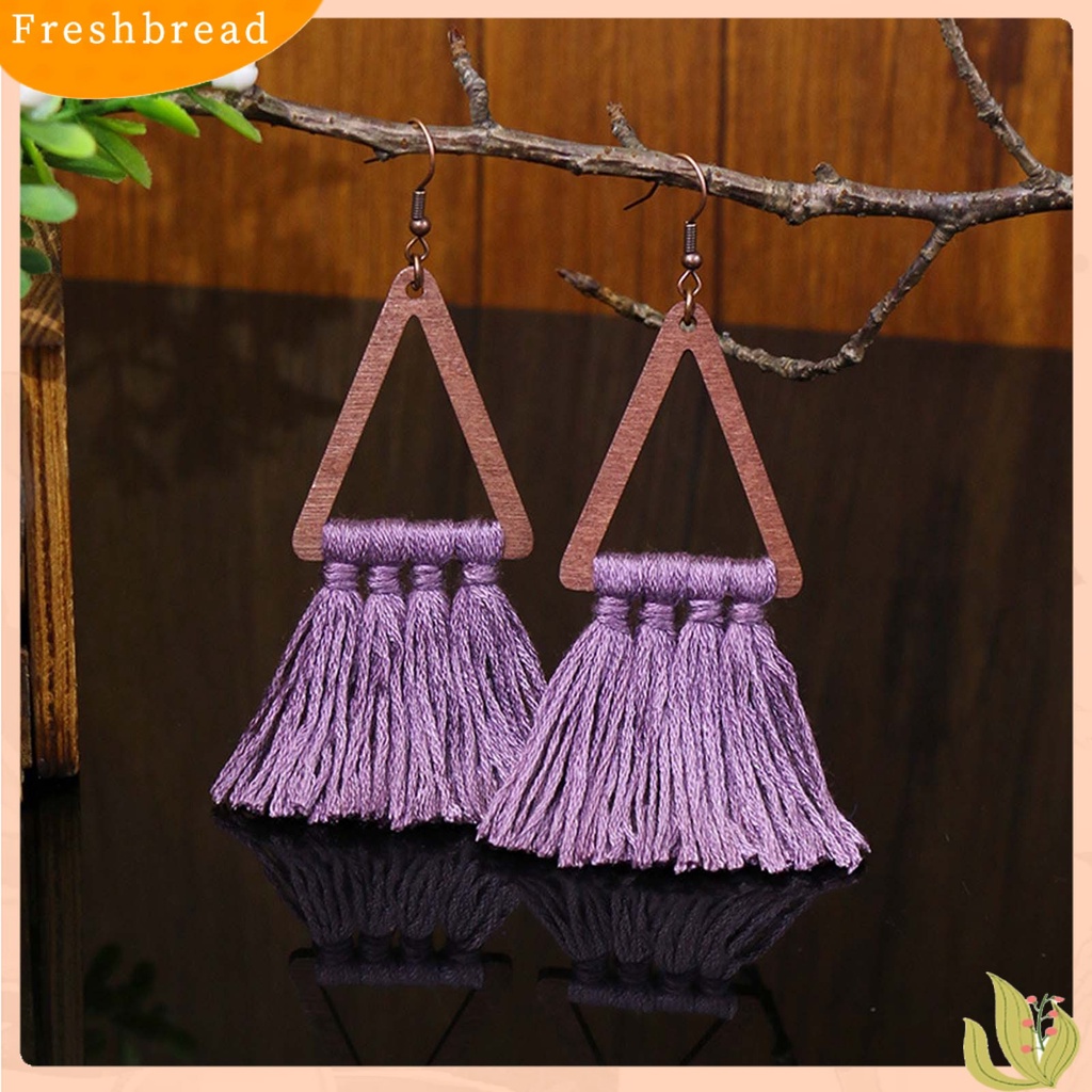 &lt; Freshbread &gt; 1pasang Segitiga Kayu Gaya Etnik Lady Drop Earrings Aksesori Bohemian Benang Katun Rumbai Kait Anting Perhiasan Pesta